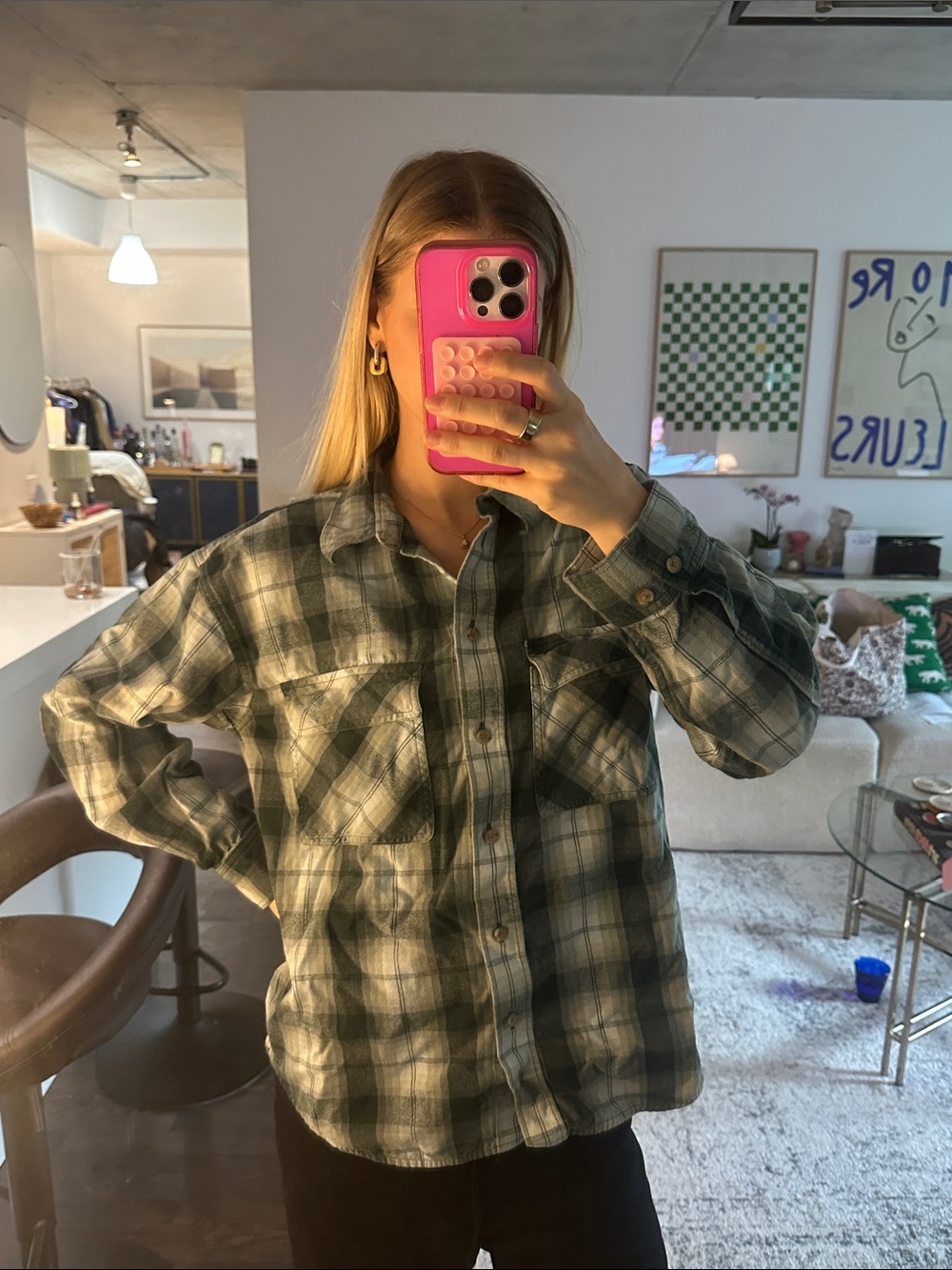 Babaton Green and Gray Plaid Button-Down Shirt